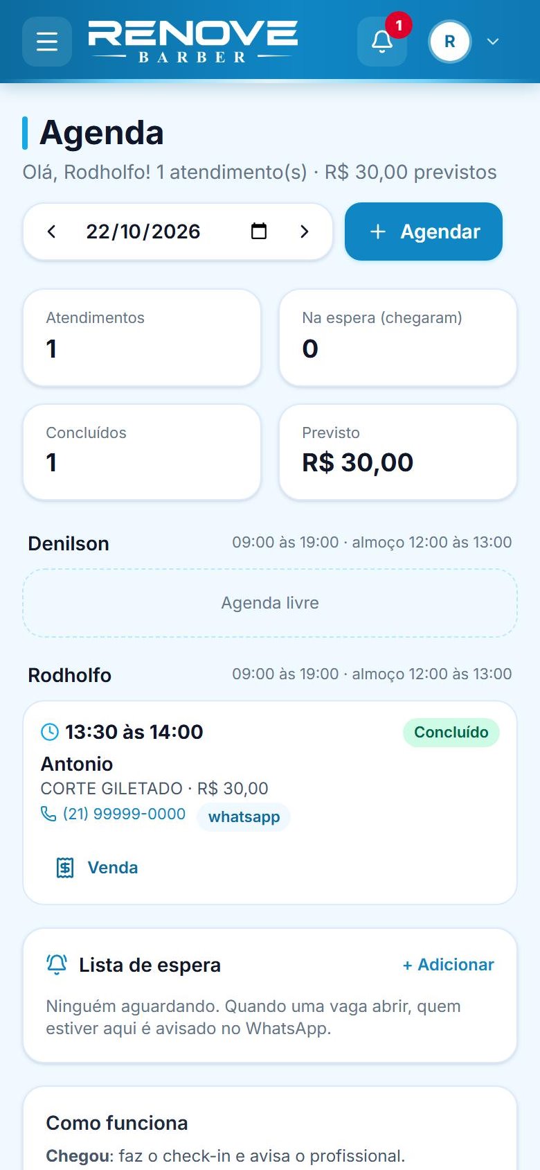 Agenda do dia no celular do barbeiro
