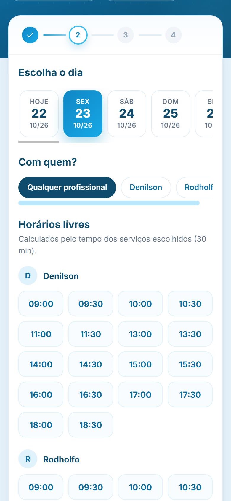 Escolha de dia e horário na página da barbearia