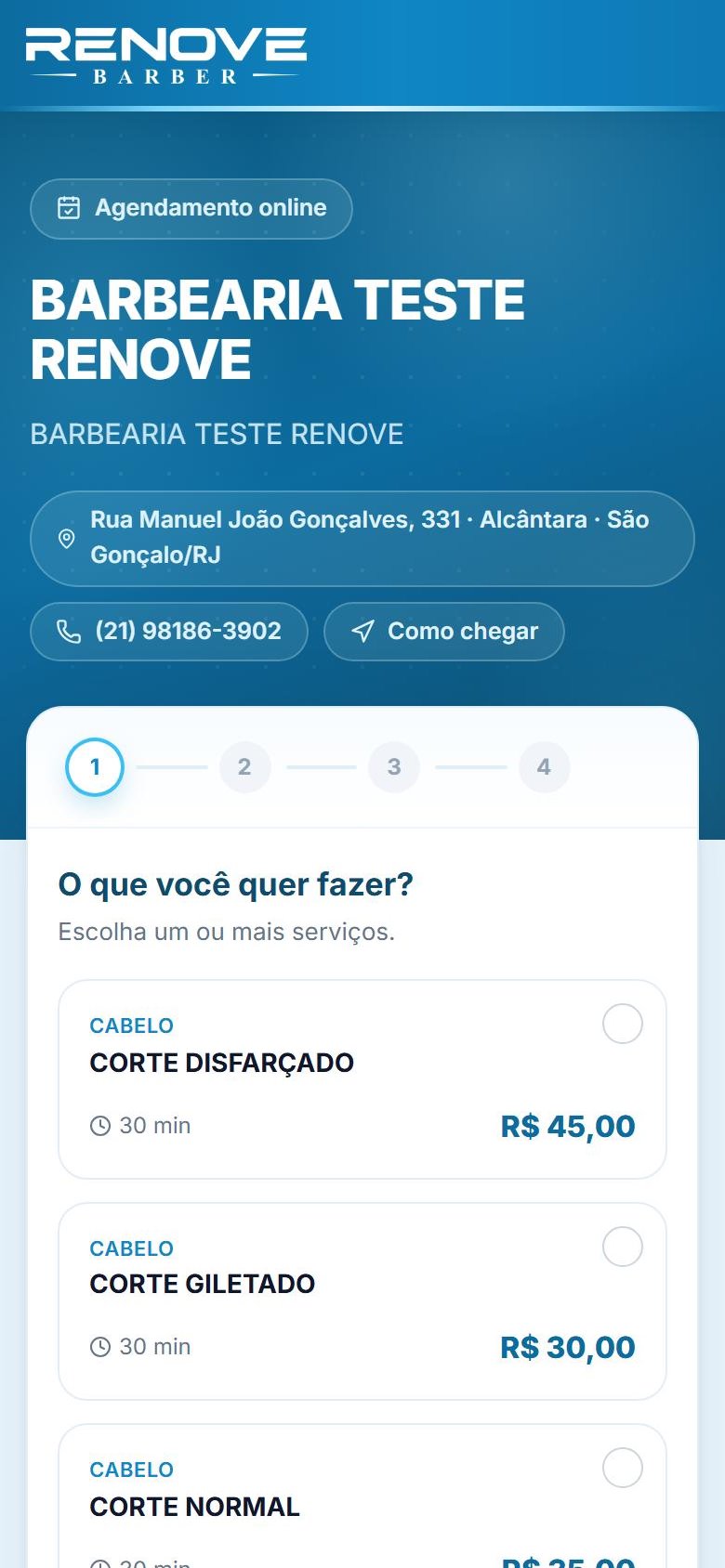 Página da barbearia com os serviços